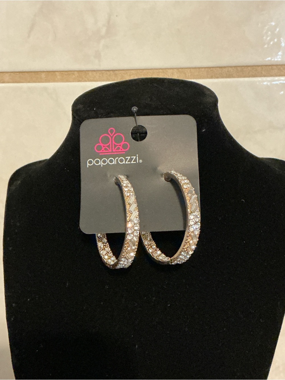 Paparazzi Gold Pavé Hoop Earrings with Clear Crystals